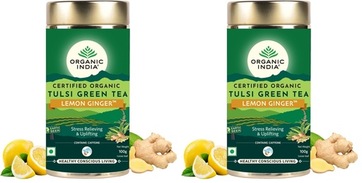 [BRSRYZAOOJ5BUCA2] ORGANIC INDIA Tulsi Green Tea Lemon Ginger 100 gm tin (Pack of 2)