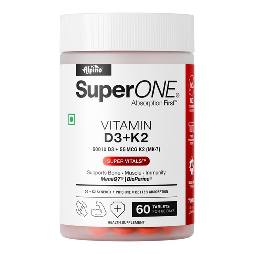 [BRSRGCYTOZ5WKELF] Alpino SuperONE Vitamin D3 + K2 Tablets | 600 IU D3 & 55 mcg K2 (MK-7) with BioPerine® | Bone, Muscle & Immunity Support | 60 Tablets