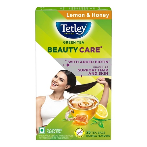 [BRSRABATAEFWM237] Tetley Green Tea Beauty Care, With Added Biotin, Supports Hair and Skin, 0 Calories, Natural Lemon and Honey Flavors, 25 Sachets (1.7 g each)