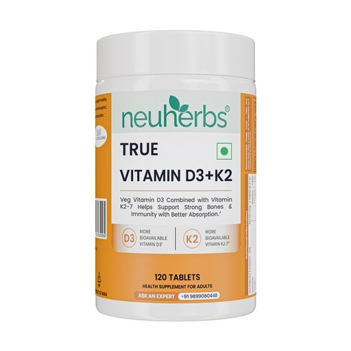 [BRSRGFQOO4CAADTD] Neuherbs Vitamin D3 (600 IU) Tablets with K2 MK7 | True Vitamin D3 to Supports Bone Strength, Immunity & Heart Health | Vegetarian D3 Supplement for Men & Women | 120 Tablets