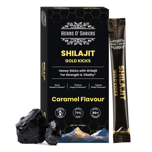 [BRSRGBANBN5BYFDJ] Herbs O' Shrubs Shilajit Resin Gold Kicks-40gm for Men | 5 Sticks (Pack of 1, Each 8gm) | Boost Strength | Natural Energy & Immunity Support | Ayurvedic Sheelajit Supplement with Organic Honey 7.58g & Caramel