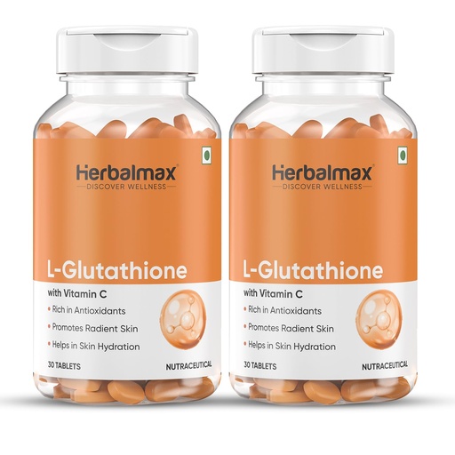 [BRSRAAILBYMGK33U] Herbalmax L-Glutathione with Vitamin C Tablets for Skin Whitening, Brightening & Fairness | Powerful Antioxidant & Immunity Booster | Natural Detox & Radiance Support - Pack of 2 (30 Tablets Each)