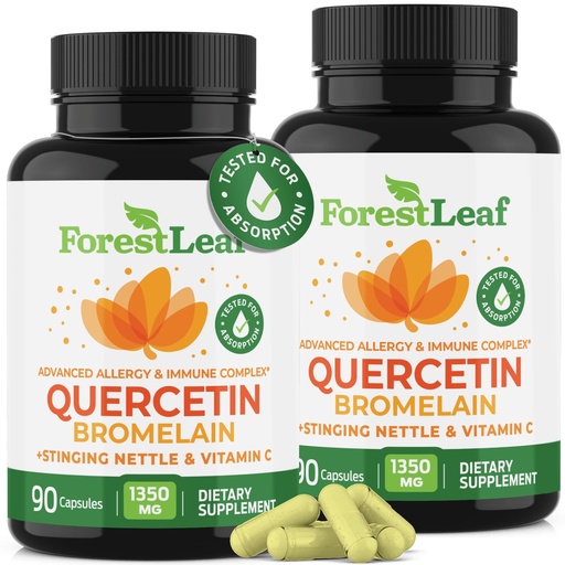 [BRSW2ZQCOENGAG3D] ForestLeaf Quercetin with Bromelain - 1350mg Blend with Vitamin C & Stinging Nettle, Advanced Quercetin 500mg Supplement, Non-GMO Gluten Free, Natural Immune & Respiratory Function 180 Veggie Capsules