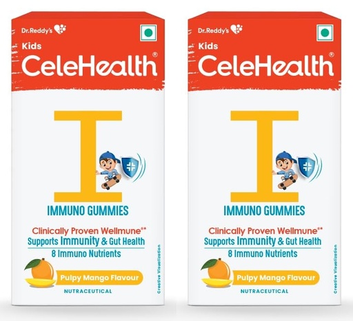 [BRSRMCAYAF5WK233] Dr. Reddy's CeleHealth Kidz Immuno Plus Multivitamin Gummies with Wellmune, Vitamin C & Zinc for Kids (4 - 12 Years) | Supports Immunity and Digestion | Pulpy Mango Flavour | 30 Gummies - Pack of 2 | 100% Vegetarian