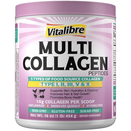 [BRSRAFIRDMNR6CT4] Vitalibre Multi Collagen Peptides Powder Type I II III V X, Hydrolyzed Collagen Protein for Women and Men, Skin, Hair, Nails, Unflavored, Non-GMO, Keto & GF, Zero Sugar, 45 Servings, 16oz