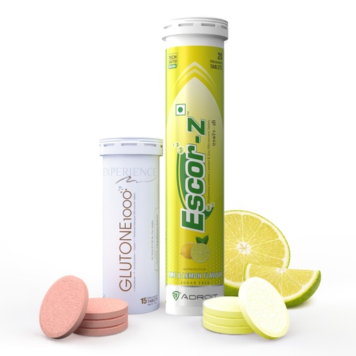 [BRSWYHTYOYFAO33G] Glutone 1000 & Escor-Z Combo Pack| Setria L-Glutathione, Vitamin C Effervescent Tablets| Healthy Skin| 15 (1) + 20 (1) Tablets (Lemon Flavour)