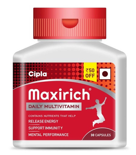 [BRSWYZY3BEAWCDLG] Cipla Maxirich Daily Multivitamin (30 Capsules) For Men & Women With Essential Nutrients, Vitamins, Minerals, Anti-oxidants For Building Immunity & Energy (Bottle Pack)