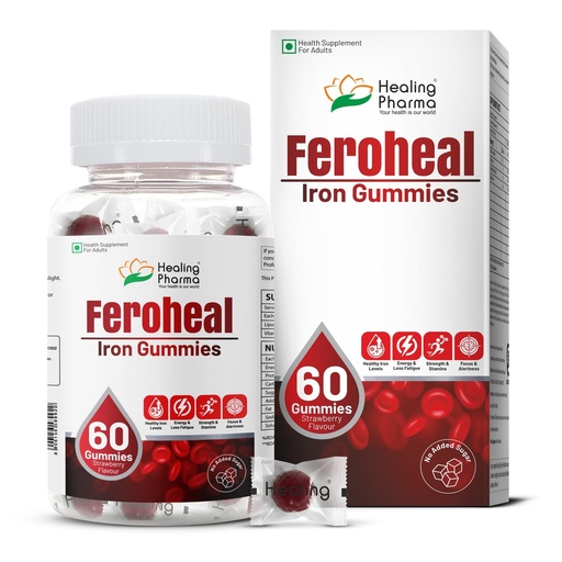 [BRSRGAI7DIAWEHYZ] Healing Pharma - Feroheal Iron Gummies for Women | Liposomal Iron 50mg + Vitamin C | Boosts Hemoglobin, Energy & Stamina | No Added Sugar | Gluten Free | 60 Veg Gummies – Strawberry Flavour