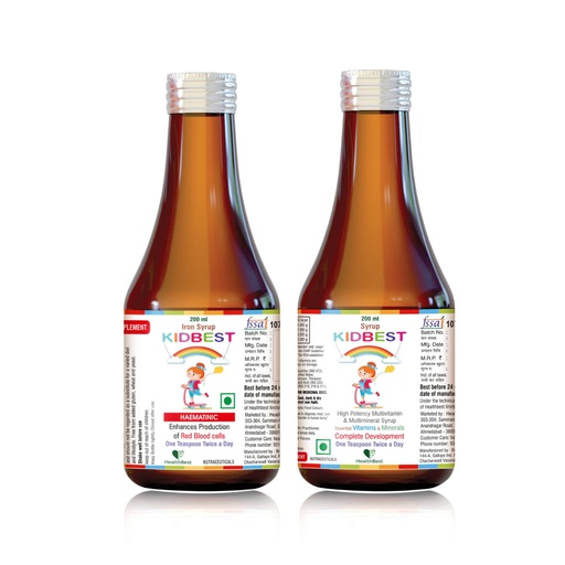 [BRSRMCTQBUPQ4E3P] HealthBest Kids Multivitamin & Multimineral (200ml) & Kids Iron Haematinic Syrup (200ml) for 3-13 Years | Combo Set