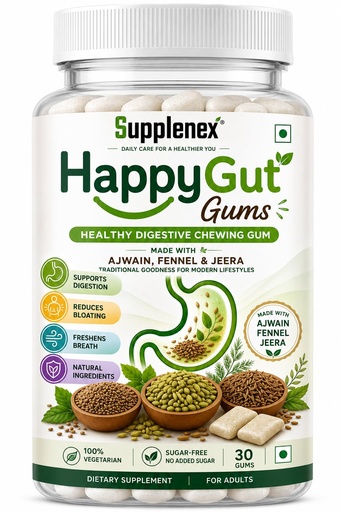 [BRSRY2YDCEHAO3A3] Supplenex HappyGut Herbal Digestive Chewing Gum | Sugar Free | Ajwain, Fennel & Jeera | Supports Healthy Digestion & Helps Reduce Bloating | Natural Mouth Freshener | 30 Gums