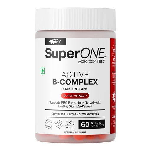 [BRSRGCYQBMIW2C3L] Alpino SuperONE Active B-Complex Tablets | Vitamin B Complex Supplement with B12, B6, Biotin & BioPerine® | Energy, Nerve & Skin Support | 60 Tablets