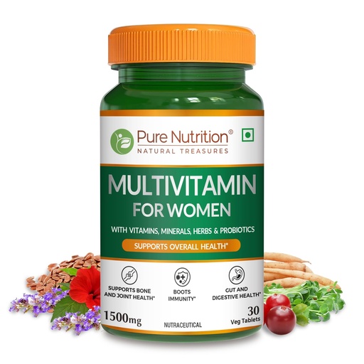 [BRSWYYL3DEIR4ETA] Pure Nutrition Multivitamin for Women 1500mg | Multi vitamin with Biotin, Iron, Alfa Alfa, Moringa, Ginseng, Fenugreek & Green Tea | Supports Immunity, Energy, Stamina, Bone & Overall Health - 30 Veg Tablets
