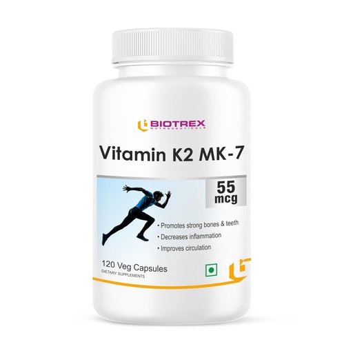 [BRSRAYA5PMBQOE34] Biotrex Nutraceuticals Vitamin K2 MK-7 (Vegetarian Source) 55mcg | Bioactive Menaquinone-7 | Bone Health & Calcium Metabolism | High Absorption Formula | 120 Veg Capsules