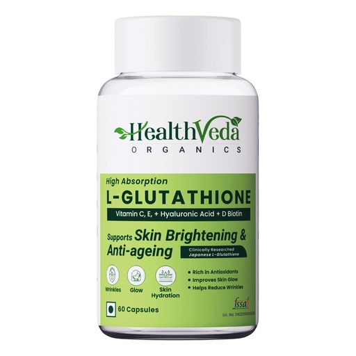 [BRSRMAAYO4MGAHTU] Health Veda Organics L-Glutathione 1000 mg, 60 Veg Capsules for Men & Women | Skin Brightening, Glow & Antioxidant Support | with Grape Seed, Vitamin C/E & Biotin