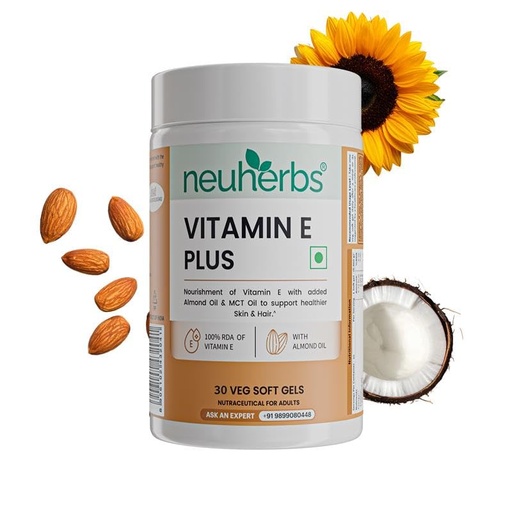 [BRSW2AQLCABBA2AV] Neuherbs Vitamin E Plus Capsules for Skin & Hair | Plant-Based Vitamin E Supplement with Almond & Sunflower Oil | Supports Glowing Skin & Hair Strength | Vegan | 30 Capsules