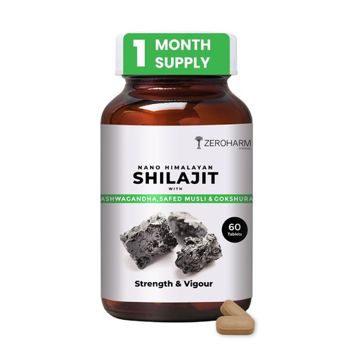 [BRSRMGTYORYQKHL2] ZEROHARM Nano Himalayan Shilajit With Ashwagandha, Safed Musli & Goksura | Boosts Fitness, Stamina | Improves Energy, Performance & Helps Manage Stress | For Men and Women | 60 Shilajit Tablets