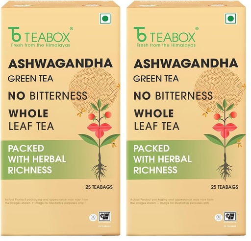 [BRSRYZAOPINWKHLZ] Teabox Ashwagandha Green Tea 25 Teabags | Ayurvedic Blend of Premium Green Tea and Natural Ashwagandha | Silken Pyramid Teabags (Pack of 2)