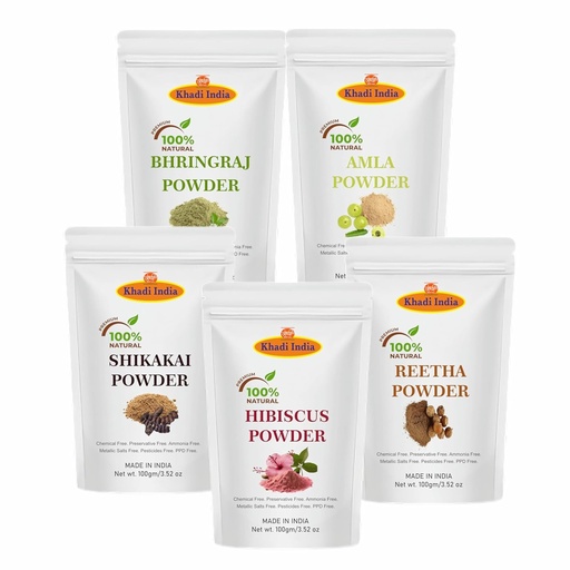[BRSRAFQQOB6REHYY] Khadi 100% Herbal Pure Amla Reetha Shikakai, Bhringraj and Hibiscus Powder for Hair |Hibiscus Powder/gudhal powder/gudhal fool powder (Pack of 5,100g each,Total 500g Pack)