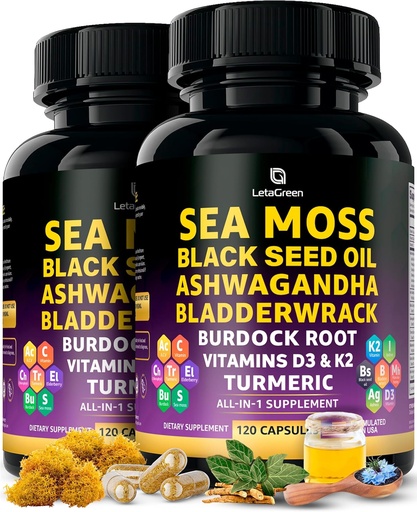 [BRSROAY5CMCWEYIU] Sea Moss Capsules – 17-in-1 Blend with Black Seed Oil Ashwagandha Bladderwrack Burdock Root Turmeric Vitamin D3 K2 C for Daily Wellness – Multimineral Supplement for Men & Women – 240 Count