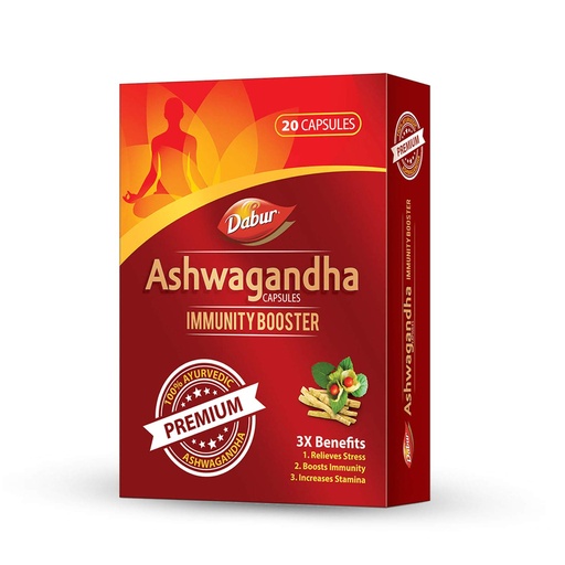 [BRSWYZIRPIIQO2DG] Dabur Ashwagandha Capsules Immunity Booster - 20 Capsules | 100% Ayurvedic | Relieves Stress & Increases Stamina | Immunity Booster