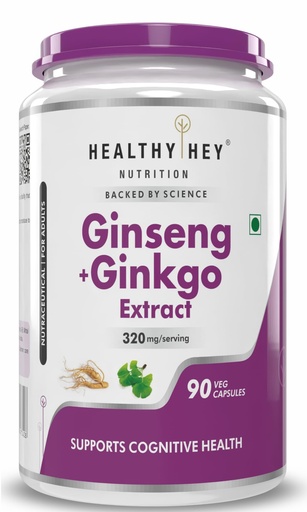 [BRSWGEA2AFYWCYLA] HealthyHey Ginseng + Ginkgo Biloba - Improves Memory & concentration- 90 Veg Capsules