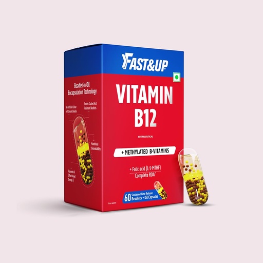[BRSRY2Y2OV6RUDT3] Fast&Up Methylated Vitamin B12 + B-Complex 100% RDA with Folic Acid (L-5-MTHF) & Vegan Omega-3 from Flaxseed Oil | 100% RDA | Sustained Release Beadlet-in-Oil Capsules - 60 Capsules