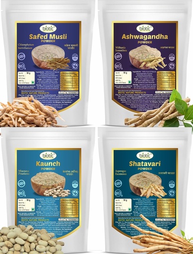 [BRSWYGIDAEJR4ALB] Biotic Safed Musli, Ashwagandha, Shatavari & Kaunch Seed Powder - 200gms (50gms each)