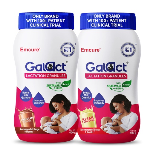 [BRSRGCQPPMDREDT2] Galact Lactation Granules 400g X 2 | India's Only Brand with 100+ Patient Clinical Trial | Lactation Supplement for Breastfeeding | 4X Milk Boost | Shatavari & 6 Herbs | 40 Days | Chocolate + Kesar