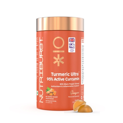 [BRSW2AQTOAPAYYI2] Nutriburst Turmeric Ultra Gummies with 95% Active Curcumin & Black Pepper | Anti-Inflammatory & Antioxidant | No-Added Sugar | Ginger Flavor | 100% Vegetarian | 60 Gummy