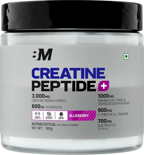 [BRSRGHAQCEGRGG32] Bigmuscles Nutrition Creatine + Peptides [180g, Blueberry] | Creatine Powder with Superior Grade Magnesium, Electrolytes, Tyrosine, Theanine & Vitamin D3