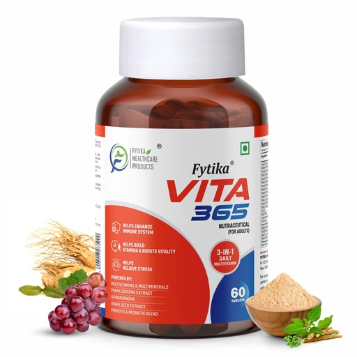 [BRSRMZD2PJ7Q4DI3] Fytika Vita 365-60 Tablets (Pack of 1) | Multivitamin For Men and Women | With Ashwagandha, Ginseng, Probiotics & Prebiotics and Biotin| Enhances Energy, Immunity and Digestion