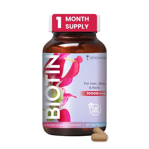 [BRSRAZ37CIMBMHIZ] ZEROHARM Biotin Tablets for Hair Growth - 10000 mcg Vitamin B7 - Plant-Based Supplement Supports Hair Growth, Skin Hydration & Nail Strength For Men & Women - Sesbania Grandiflora - 60 Tablets