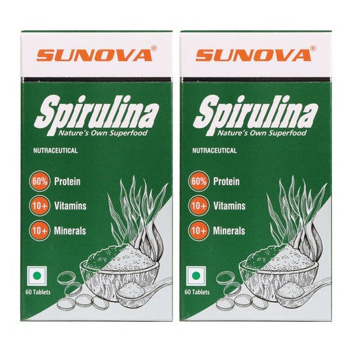 [BRSWGHAYBUMQ43LD] SUNOVA Spirulina Tablets – Nature’s Own Superfood and Plant based Nutritional Supplement , 60% Protein, Full of Multivitamins and Minerals - Spirulina and Blue-Green Algae for Full Body Support & Energy – 60 Tablets (Pack of 2)