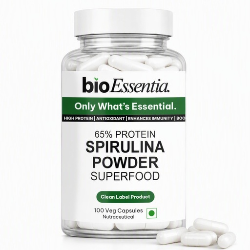 [BRSRYGTQAVYBYELO] BioEssentia Spirulina Powder Capsules | 2400 mg Spirulina per Serving | Supports Energy, Immunity & Detox | Clean Label Product | 100 Veg Capsules