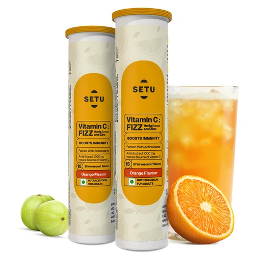 [BRSREZIRAEHGMFA7] Setu Vitamin C: Fizz (15 Effervescent Tablets X 2) | Supplements for Women & Men | Antioxidant-Rich to Helps Boost Immunity in Adults With Vitamin C Complex, Amla & Zinc (Orange)