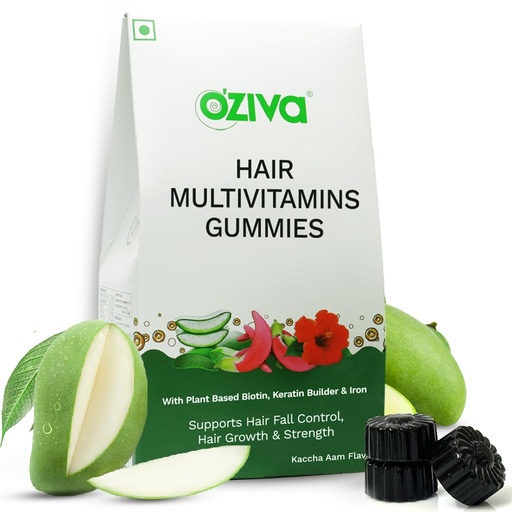 [BRSRMZT3CUARMYI6] OZiva Biotin Hair Multivitamins Gummies For Stronger,Fuller,Shinier Hair|Hair Gummies With Keratin Builder,Iron&Vitamins B9,B6&D|Raw Mango Flavour|No Added Sugar (Pack Of 1,30 Gummies)