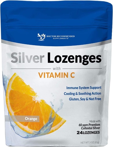 [BRSWYZAOCANB62A7] Lozenges de Plata con Vitamina C - Premium Nano Plata 60 PPM Colloidal Plata, Miel Orgánica y Vitamina C Suplemento Mineral gotas para soportar el sistema inmunológico, Soothe Cough & Throat - 24 Orange Lozenges