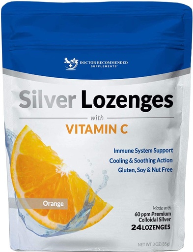 [BRSWYZAOCANB62A7] Silver Lozenges with Vitamin C - Premium Nano Silver 60 PPM Colloidal Silver, Organic Honey and Vitamin C Mineral Supplement Drops to Support Immune System, Soothe Cough & Throat - 24 Orange Lozenges