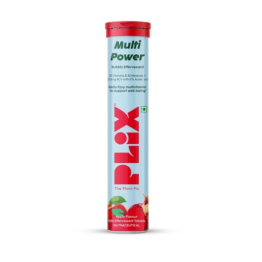 [BRSRMZQZOBYAKYLJ] PLIX - THE PLANT FIX Multi Power Multivitamin + Apple Cider Vinegar 15 Fizzy Effervescent Tablet,Pack of 1(Apple Burst)with 13 Vitamins & 10 Minerals|100% Vegan|No Added Sugar|Travel Friendly,90 grams