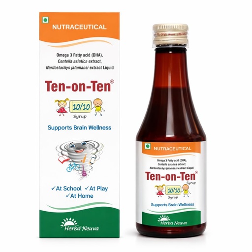 [BRSRAZYBCQPW2DLB] HERBA NEUVA Ten-on-Ten Brain Booster Syrup for Kids (2-12Y) | Herbal Tonic with Omega-3 (DHA) | Brahmi, Shankhpushpi Moringa etc. for Memory, Focus and Concentration, Herbal, Vegetarian, Vegan Formula, 300 ml Syrup