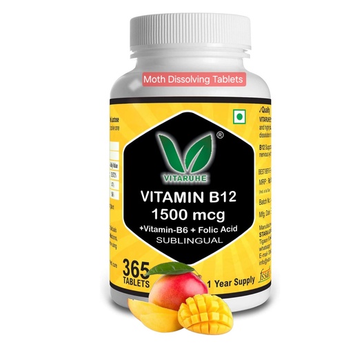 [BRSRMFADDIGRGDL6] VITARUHE® Vitamin B12 High Dose+ B6/Folic Acid, 365 Tablets Methylcobalamin & Sublingual for Maximum Effects, Vegan, 365 Tablets for 1 year Mango Flavour