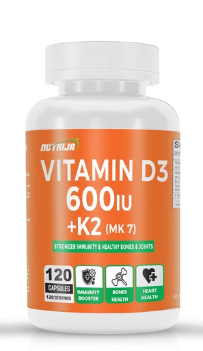 [BRSRACA7BUCRUFIV] NutriJa Vitamin D3 600IU + K2 55mcg as MK7 Supplement 120 capsules - Stronger Immunity, Supports Bones, Joints & Heart Health