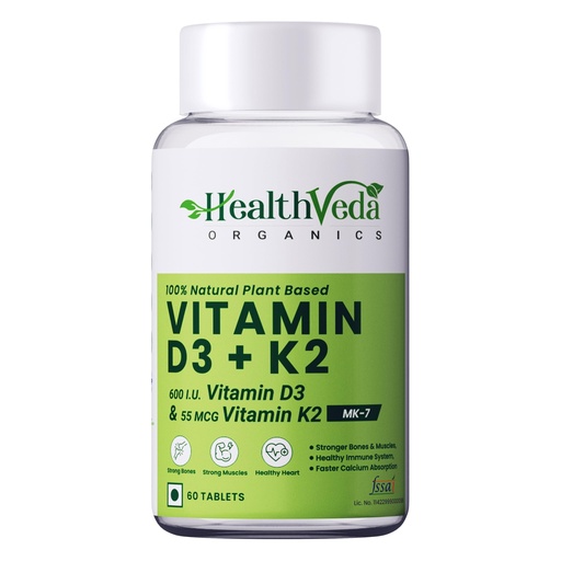 [BRSW2HQBA4ARQHLV] HEALTH VEDA ORGANICS PRIVATE LIMITED Vitamin D3 (600 IU) + Vitamin K2 as Mk7 (55Mcg) | 60 Veg Tablets | Supports Healthy Bones, Boosts Immune System | For Men & Women