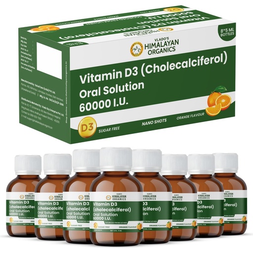 [BRSRYZYDBUMBS2TK] Vlado's Himalayan Organics Vitamin D3 60000 IU Shots | Cholecalciferol Vitamin D3 60000 IU Supplement I Sugar Free I Oral Solution I Vitamin D 60K for Men & Women – 5ml Each bottle - Orange Flavour - (Pack of 8)