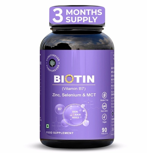 [BRSRABQCCMFROFDF] CUREFOREVER Biotin Tablets for Hair Growth, Skin & Nails – 100% RDA with Zinc, Selenium & Coconut MCT | Supplement For Healthy Hair, Nails & Skin | 90 Veg Tablets for Men & Women | 3 Months Supply | 1 Daily Dose