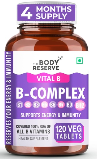 [BRSRAEIHCMBWEG3A] The Body Reserve Vitamin B Complex Tablets- 120 Veg Tablets 100% Rda Of Vitamin B1, B2, B3, B5, B6, B7, B9 & B12, Vitamin B Complex Supplements For Women & Men (4 Months Supply Pack)