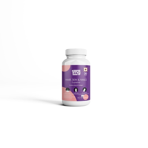[BRSW2YD2PMCBMAI3] Tata 1mg Hair, Skin & Nails Supreme Biotin Capsule with Collagen, Zinc, Iron And Vitamin B Helps In Making The Hair Strong And Lustrous For Unisex (Pack Of 30 Capsules)