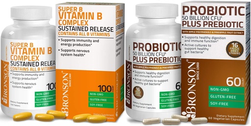 [BRSWYZQBBZYAYYA2] Bronson Probiotic 50 Billion CFU + Prebiotic with Apple Polyphenols & Pineapple Fruit Extract + Vitamin B Complex Sustained Release