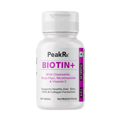 [BRSRYFQQAANWYCT3] Peak Rx Biotin Plus 60 Tablets | Biotin, Vitamin C, Zinc, Iron & Nicotinamide Supplement | Hair, Skin & Nail Health Support | Rose Hips & Chamomile Extract