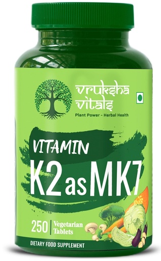[BRSRMZI7BYMRQ2QY] Vruksha Vitals Vitamin K2 as MK7 55mcg per Tablet - 250 Tablets - Plant Based Vegan Vitamin K Capsules/Tablets Supplement